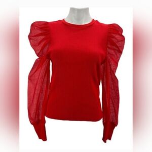 Dolan Anthropologie Womens Puff Sleeve Top SZ M Pop of Red Poof Sheer Ribbed